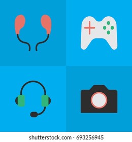 Vector Illustration Set Of Simple Gadget Icons. Elements Photo Apparatus, Microphone, Gamepad And Other Synonyms Apparatus, Earphone And Camera.