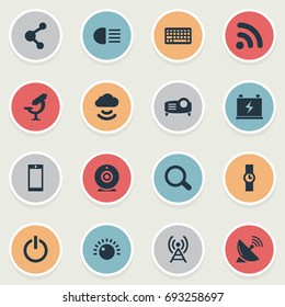 Vector Illustration Set Of Simple Gadget Icons. Elements Hand Clock, Magnifier, Smartphone Synonyms Control, Clock And Microbiology.