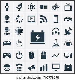 Vector Illustration Set Of Simple Gadget Icons. Elements Presentation, Player, Waiting And Other Synonyms Monitor, Accumulator And Atom.