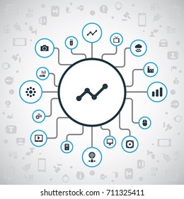 Vector Illustration Set Of Simple Gadget Icons. Elements Photography, Factory, Worldwide And Other Synonyms Computer, Increase And Modem.