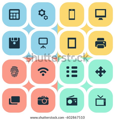 Vector Illustration Set Of Simple Gadget Icons. Elements Touch Computer, Photocopier, Television And Other Synonyms Phone, Wifi And Mobile.