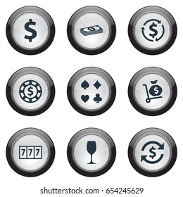 Vector Illustration Set Of Simple Gambling Icons. Elements Slot Machine, Card Suits, Exchange And Other Synonyms Dollar, Cards And Bet.