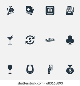 Vector Illustration Set Of Simple Gambling Icons. Elements Drink, Cash, Poker And Other Synonyms Cash, Shoe And Giving.