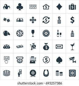 Vector Illustration Set Of Simple Gambling Icons. Elements Drink, Alcohol, Jester And Other Synonyms Poker, Vinyl And Bank.