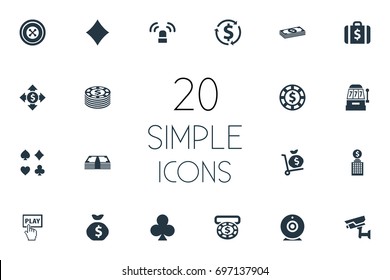 Vector Illustration Set Of Simple Gambling Icons. Elements Currency, Video, Casino And Other Synonyms Portfolio, Vegas And Exchange.