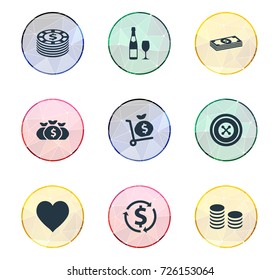 Vector Illustration Set Of Simple Gambling Icons. Elements Money Sack, Core, Bet And Other Synonyms Coin, Income And Champagne.