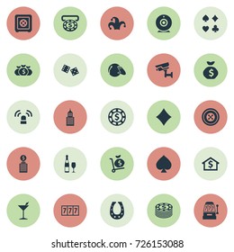 Vector Illustration Set Of Simple Gambling Icons. Elements Addiction, Slot Machine, Vinyl Music And Other Synonyms 777, Bet And Dice.