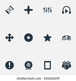 Vector Illustration Set Of Simple Game Icons. Elements Asterisk, Dvd, Hourglass And Other Synonyms Equalizer, Web And Warning.