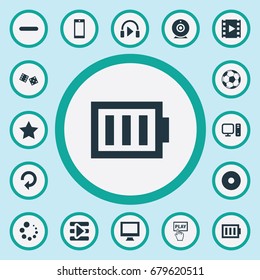 Vector Illustration Set Of Simple Game Icons. Elements Energy, Phone, Desktop And Other Synonyms Asterisk, Charge And Star.