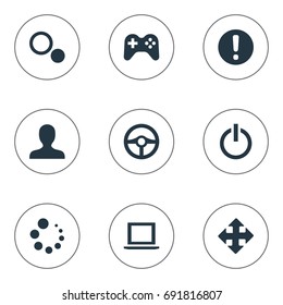 Vector Illustration Set Of Simple Game Icons. Elements Profile Picture, Circles, Shut Down And Other Synonyms Circles, Arrow And Steering.