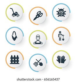 Vector Illustration Set Of Simple Garden Icons. Elements Beetle, Horticultural Gauntlet, Grass Cutting Machine And Other Synonyms Mower, Plougher And Gardening.