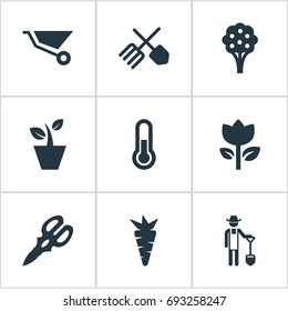 Vector Illustration Set Of Simple Garden Icons. Elements Plougher, Blossom, Flowerpot And Other Synonyms Pushcart, Equipment And Scissors.