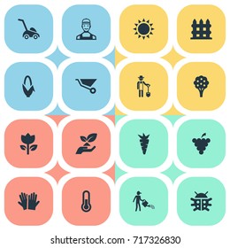 Vector Illustration Set Of Simple Garden Icons. Elements Root, Apple Timber, Worker And Other Synonyms Shine, Grass And Spade.
