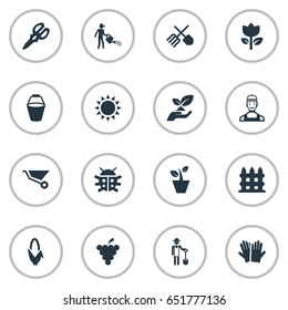 Vector Illustration Set Of Simple Gardening Icons. Elements Pail, Wheelbarrow, Worker And Other Synonyms Spade, Ploughman And Clippers.