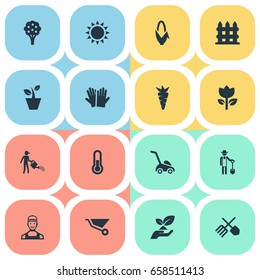 Vector Illustration Set Of Simple Gardening Icons. Elements Blossom, Rescue Nature, Wheelbarrow And Other Synonyms Rose, Summer And Parapet.