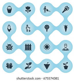 Vector Illustration Set Of Simple Gardening Icons. Elements Parapet, Farmer, Flowerpot And Other Synonyms Gardener, Barrier And Carrot.