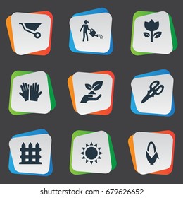 Vector Illustration Set Of Simple Gardening Icons. Elements Sunshine, Farmer, Shear And Other Synonyms Grower, Scissors And Rescue.