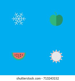 Vector Illustration Set Of Simple Gardening Icons. Elements Flake Of Snow, Fruit, Melon And Other Synonyms Snowflake, Hate And Sunny.