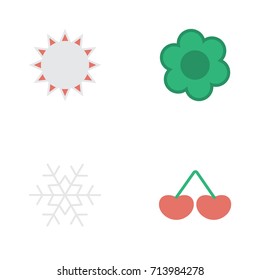 Vector Illustration Set Of Simple Gardening Icons. Elements Flower, Berry, Flake Of Snow And Other Synonyms Snow, Sunny And Fruit.