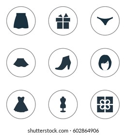 Vector Illustration Set Of Simple Garments Icons. Elements Mannequin, Present, Attire And Other Synonyms Giftbox, Panties And Model.
