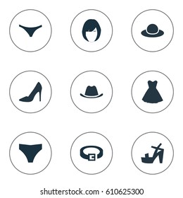 Vector Illustration Set Of Simple Garments Icons. Elements Elegant Headgear, Lingerie, Footwear And Other Synonyms Accessory, Hat And Hairstyle.