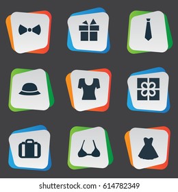 Vector Illustration Set Of Simple Garments Icons. Elements Present, Formal Wear, Luggage And Other Synonyms Tuxedo, Breast And Bra.