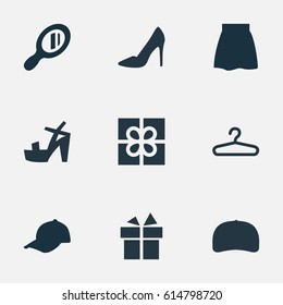 Vector Illustration Set Of Simple Garments Icons. Elements Footwear, Rack, Present And Other Synonyms Make-Up, Baseball And Apparel.