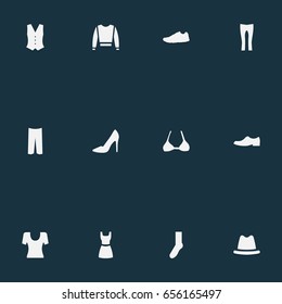 Vector Illustration Set Of Simple Garments Icons. Elements Knickerbockers, Elegance, Footwear And Other Synonyms Sweatshirt, Dress And Attire.