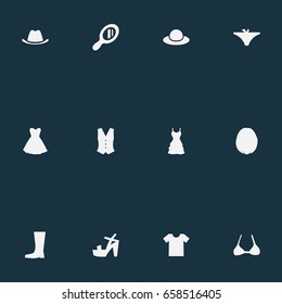 Vector Illustration Set Of Simple Garments Icons. Elements Waiter Uniform, Panties, Wellies And Other Synonyms Straps, Boots And Make-Up.