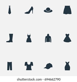 Vector Illustration Set Of Simple Garments Icons. Elements Sport Headwear, Elegant Headgear, Skirt And Other Synonyms Breeches, Male And Pants.