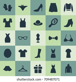 Vector Illustration Set Of Simple Garments Icons. Elements Mannequin, T-Shirt, Skirt And Other Synonyms Hat, Casual And Glass.