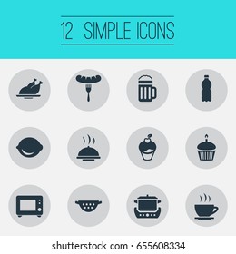 Vector Illustration Set Of Simple Gastronomy Icons. Elements Beverage, Stew-Pot, Muffin And Other Synonyms Plate, Dish And Oven.