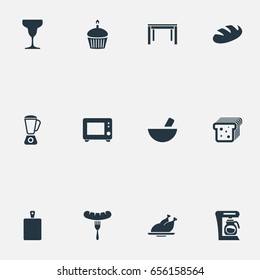 Vector Illustration Set Of Simple Gastronomy Icons. Elements Bread, Chopping Wood, Grinder And Other Synonyms Sausage, Grain And Tumbler.