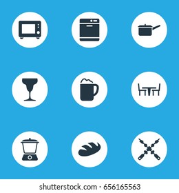 Vector Illustration Set Of Simple Gastronomy Icons. Elements Bbq, Dishware Washer, Wineglass And Other Synonyms Microwave, Mixer And Kebab.