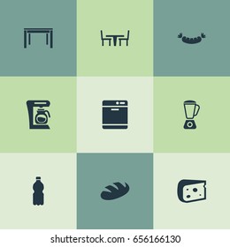 Vector Illustration Set Of Simple Gastronomy Icons. Elements Beverage, Wheat, Sausage And Other Synonyms Cheese, Mixer And Table.