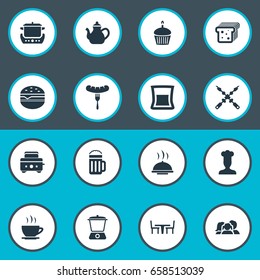 Vector Illustration Set Of Simple Gastronomy Icons. Elements Bbq, Lager, Cook And Other Synonyms Sandwich, Kebab And Glass.
