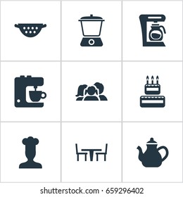 Vector Illustration Set Of Simple Gastronomy Icons. Elements Coffee Maker, Cake, Blender And Other Synonyms Dinning, Hat And Chef.