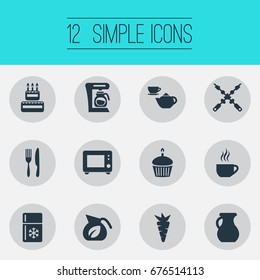 Vector Illustration Set Of Simple Gastronomy Icons. Elements Oven, Cake, Coffee Maker And Other Synonyms Dispenser, Cupcake And Organic.