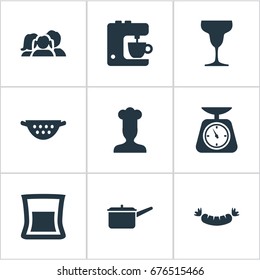 Vector Illustration Set Of Simple Gastronomy Icons. Elements Wineglass, Measure, Drainer And Other Synonyms Measure, Equilibrium And Colander.