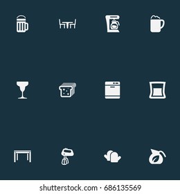 Vector Illustration Set Of Simple Gastronomy Icons. Elements Oven Gloves, Dishware Washer, Table And Other Synonyms Lager, Wineglass And Vase.