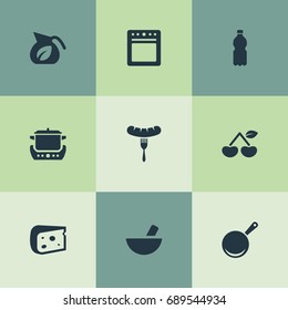 Vector Illustration Set Of Simple Gastronomy Icons. Elements Cheddar Slice, Hot Dog, Delicious Fruits And Other Synonyms Drink, Pot And Sausage.