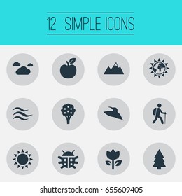 Vector Illustration Set Of Simple Geo Icons. Elements Air, Travel, Sun And Other Synonyms Solar, Mountains And Sunny.