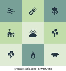 Vector Illustration Set Of Simple Geo Icons. Elements Lightning, Ignite, Cantaloupe And Other Synonyms Whale, Forecast And Grain.