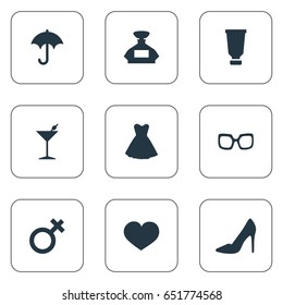 Vector Illustration Set Of Simple Glamour Icons. Elements Perfume Bottle, Elegant Footwear, Spectacles And Other Synonyms Cream, Moisturizer And Spectacles.