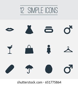Vector Illustration Set Of Simple Glamour Icons. Elements Mars Sign, Cream Box, Wardrobe And Other Synonyms Bag, Lady And Cream.