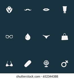 Vector Illustration Set Of Simple Glamour Icons. Elements Mustaches, Kiss, Purse And Other Synonyms Umderwear, Venus And Drop.