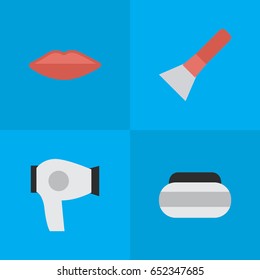 Vector Illustration Set Of Simple Glamour Icons. Elements Jar, Brush, Lips And Other Synonyms Drying, Scrub And Box.