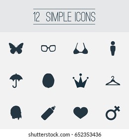 Vector Illustration Set Of Simple Glamour Icons. Elements Person, Female, Beauty Queen And Other Synonyms Haircut, Butterfly And Wardrobe.