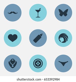 Vector Illustration Set Of Simple Glamour Icons. Elements Golden Necklace, Styler, Heart And Other Synonyms Button, Health And Cocktail.