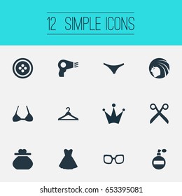 Vector Illustration Set Of Simple Glamour Icons. Elements Underwear, Wardrobe, Brasserie And Other Synonyms Queen, Spectacles And Lingerie.